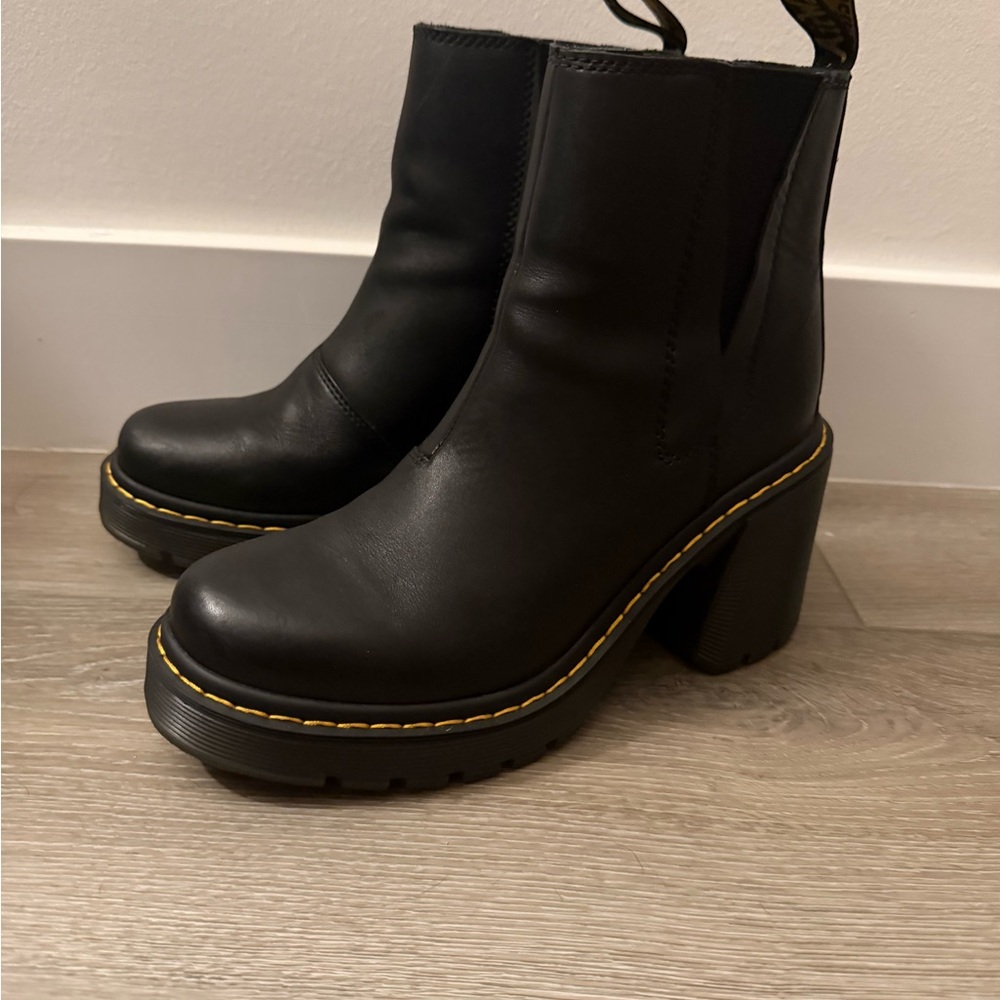 Dr. Martens Black Platform Chelsea Boots with Yellow Stitching